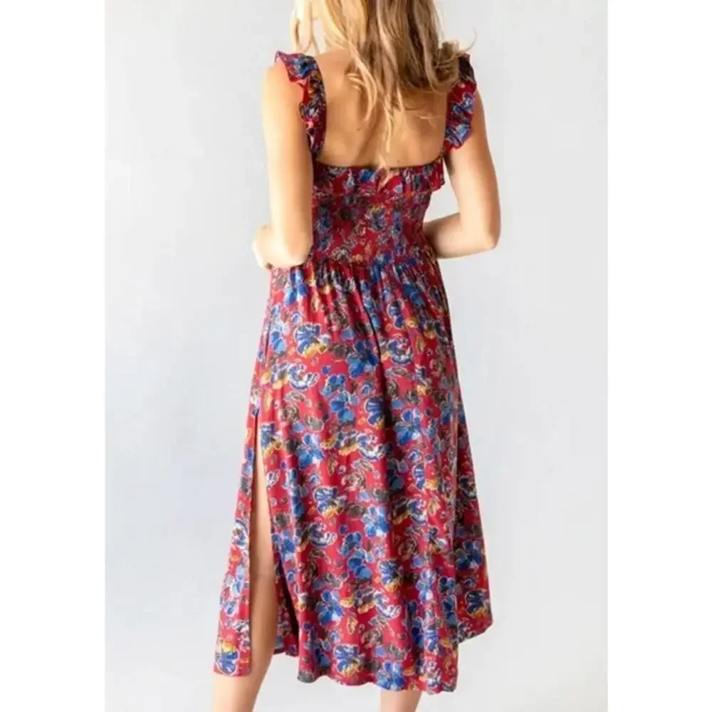 Natural Life Megan Smocked Midi Dress Floral Ruffle Square Neck Sleeveless Boho - Picture 4 of 12